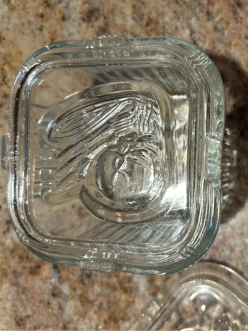 Vintage Ribbed Federal Glass Refrigerator Box w/ (2) Embossed Lids. 4.25”x2.75”